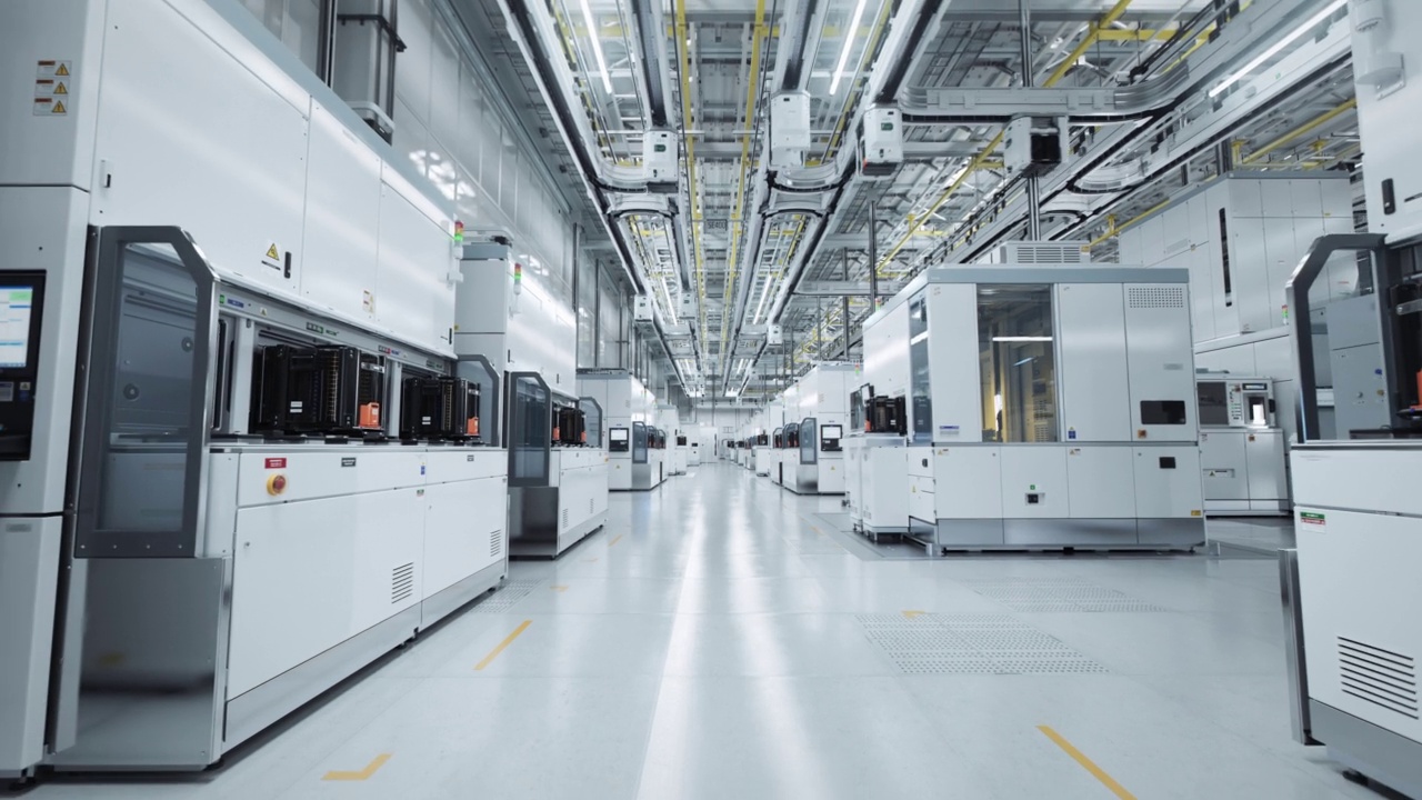 Cleanroom panorama of a large semiconductor wafer fab
