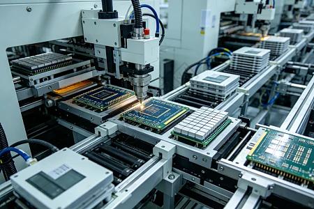 Automated chip packaging line with circuit boards in motion